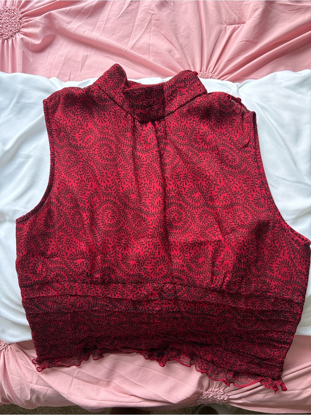 Women's Red Patterned Sleeveless Mock Neck 100% Silk Top